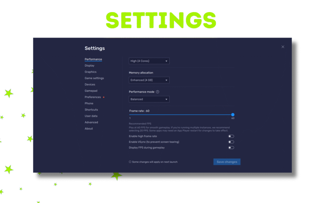 BlueStacks Emulator Settings Screen