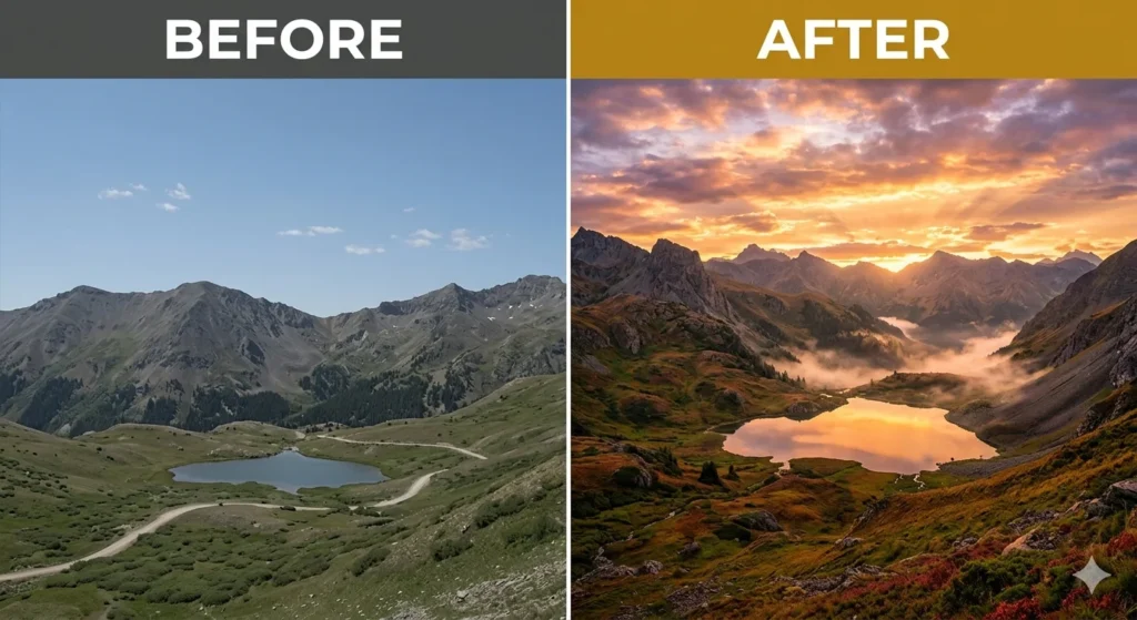 Hypic AI prompt landscape before and after comparison with cinematic sky and vibrant colors