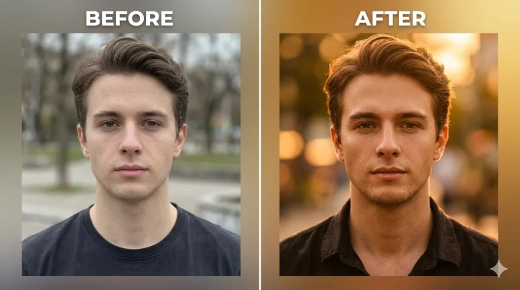 Hypic AI prompt portrait before and after comparison with cinematic lighting and color grading
