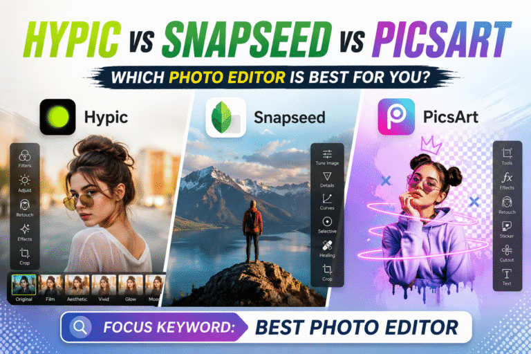 Hypic vs Snapseed vs PicsArt: Which Photo Editor Is Best for You? Complete comparison of photo editing apps with filters, AI tools, retouching, effects, and creative design features.