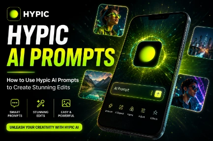 Hypic AI Prompts tutorial feature image showing a smartphone with an AI prompt interface, Hypic app branding, and examples of AI-generated photo edits.